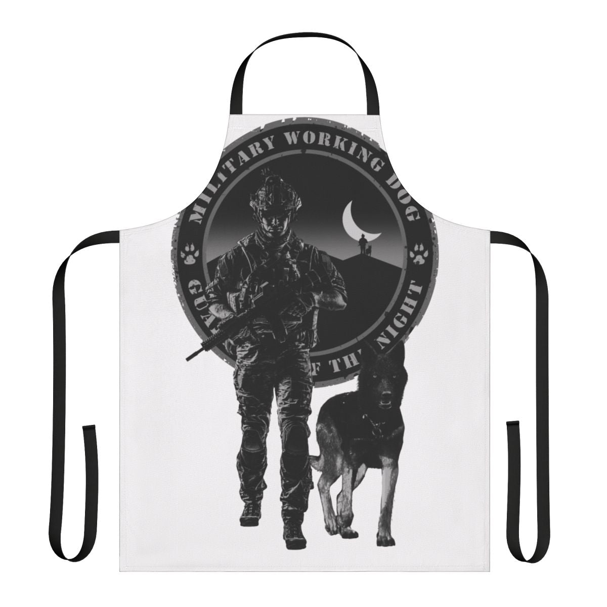 Military working dog guardian wearing a night shift apron