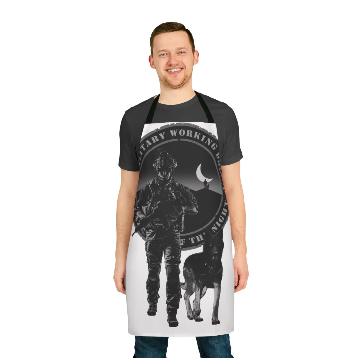 Military working dog guardian wearing a night shift apron