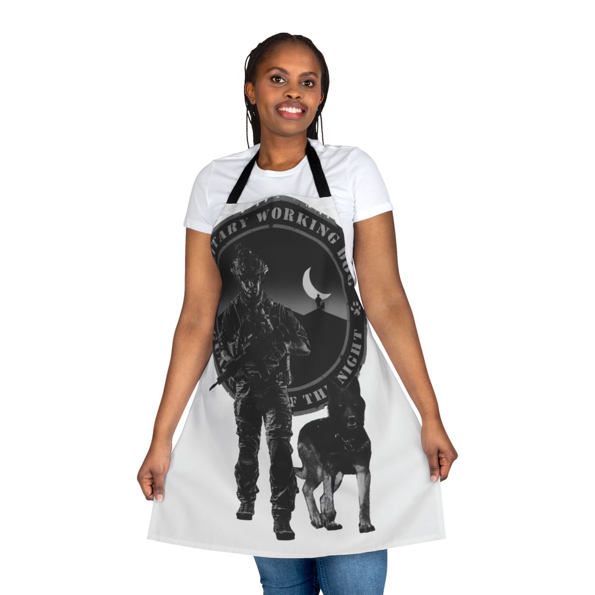 Military working dog guardian wearing a night shift apron