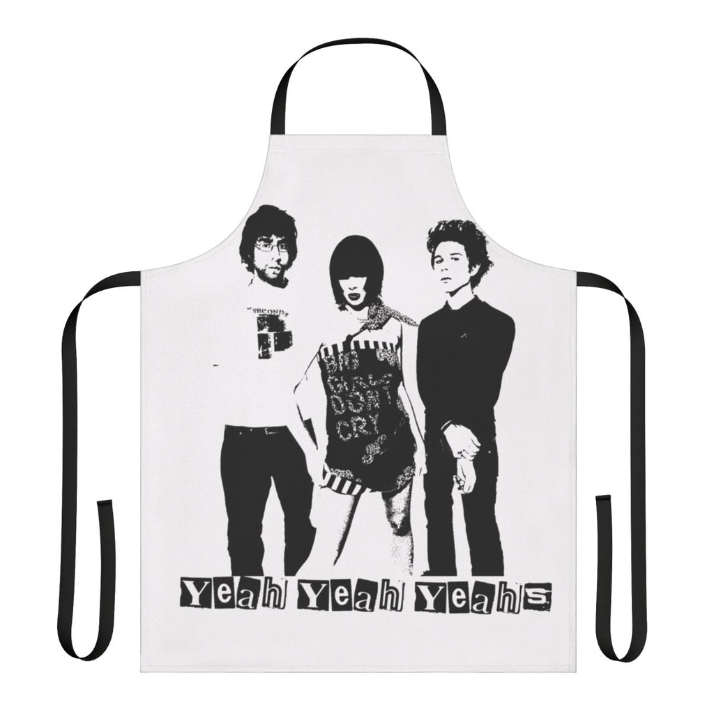 Yeah Yeah Yeahs band logo stencil design on a black cooking apron