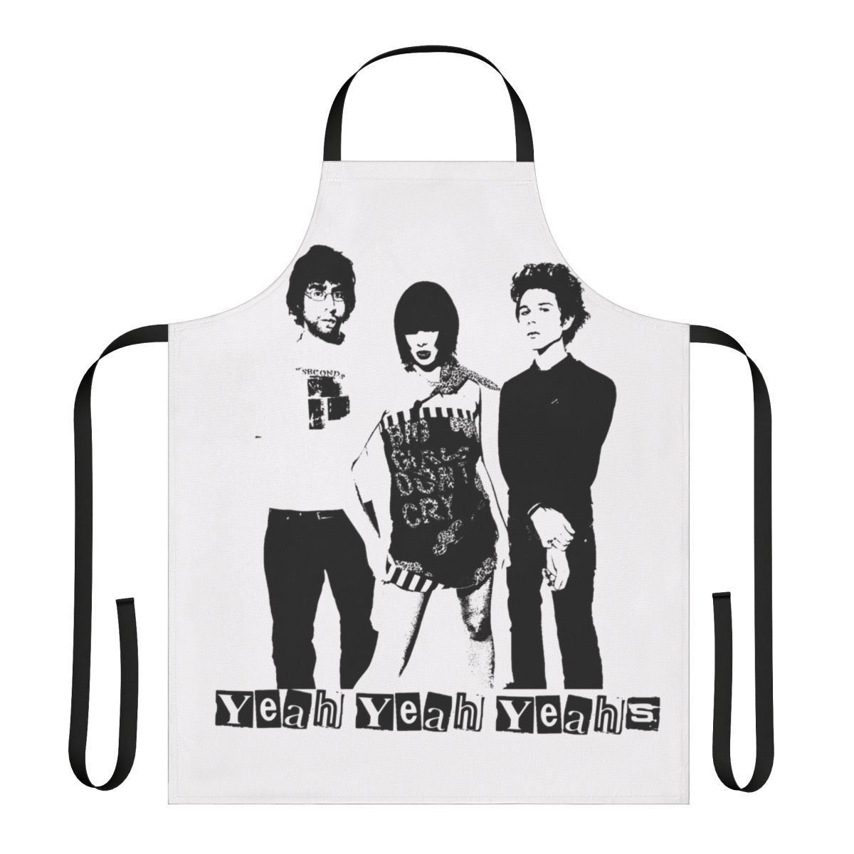 Yeah Yeah Yeahs band logo stencil design on a black cooking apron