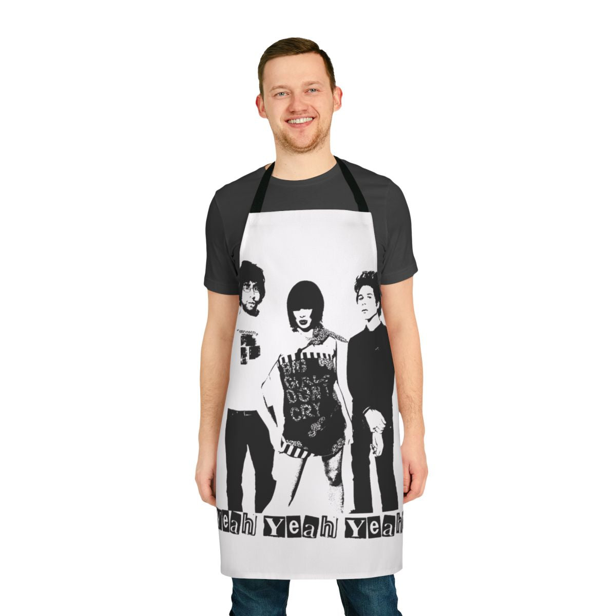 Yeah Yeah Yeahs band logo stencil design on a black cooking apron