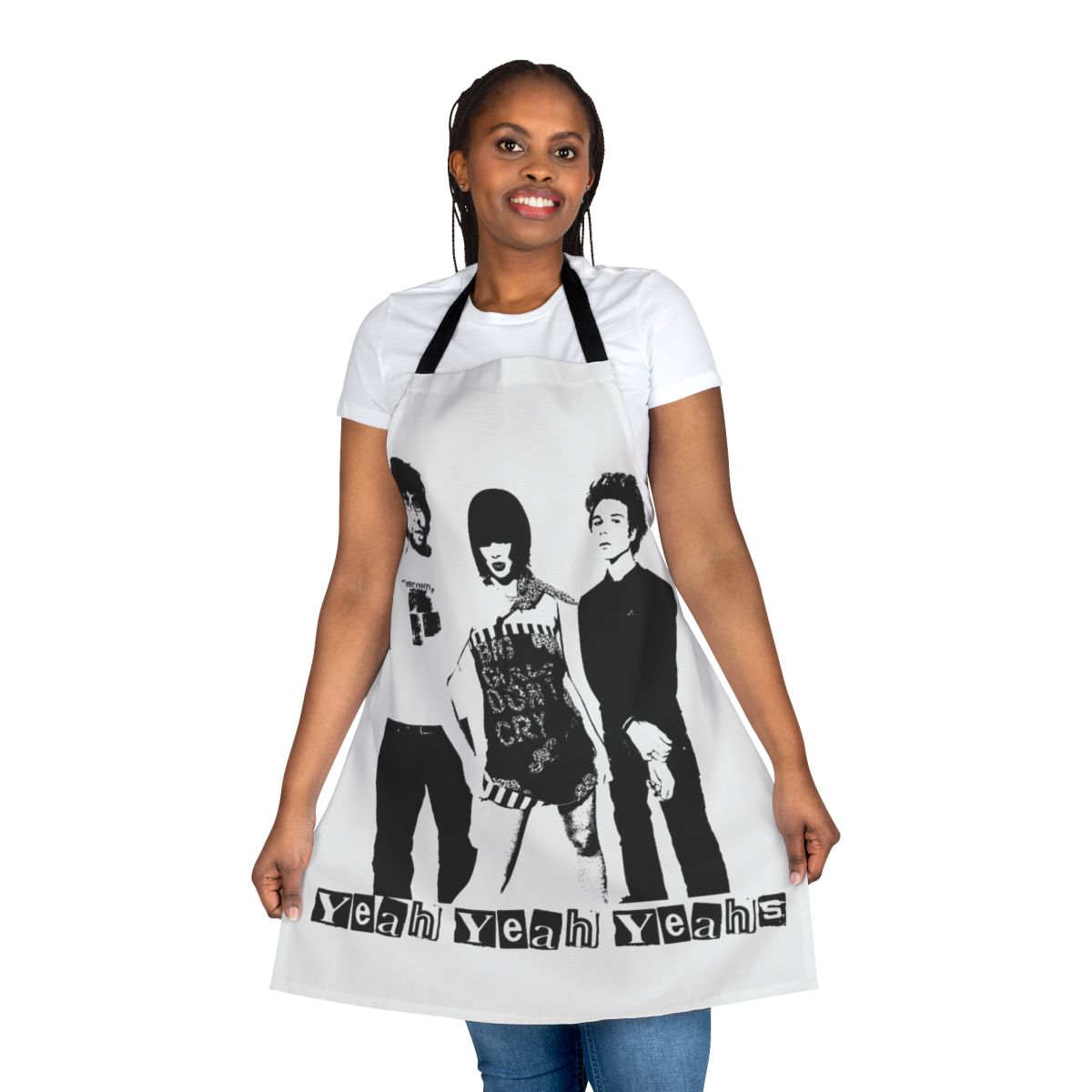 Yeah Yeah Yeahs band logo stencil design on a black cooking apron