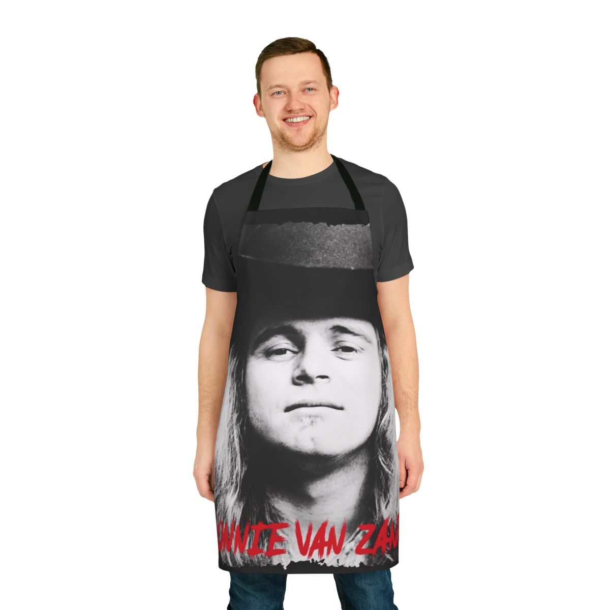 Apron featuring a tribute design to Ronnie Van Zant, the legendary lead singer of Lynyrd Skynyrd.