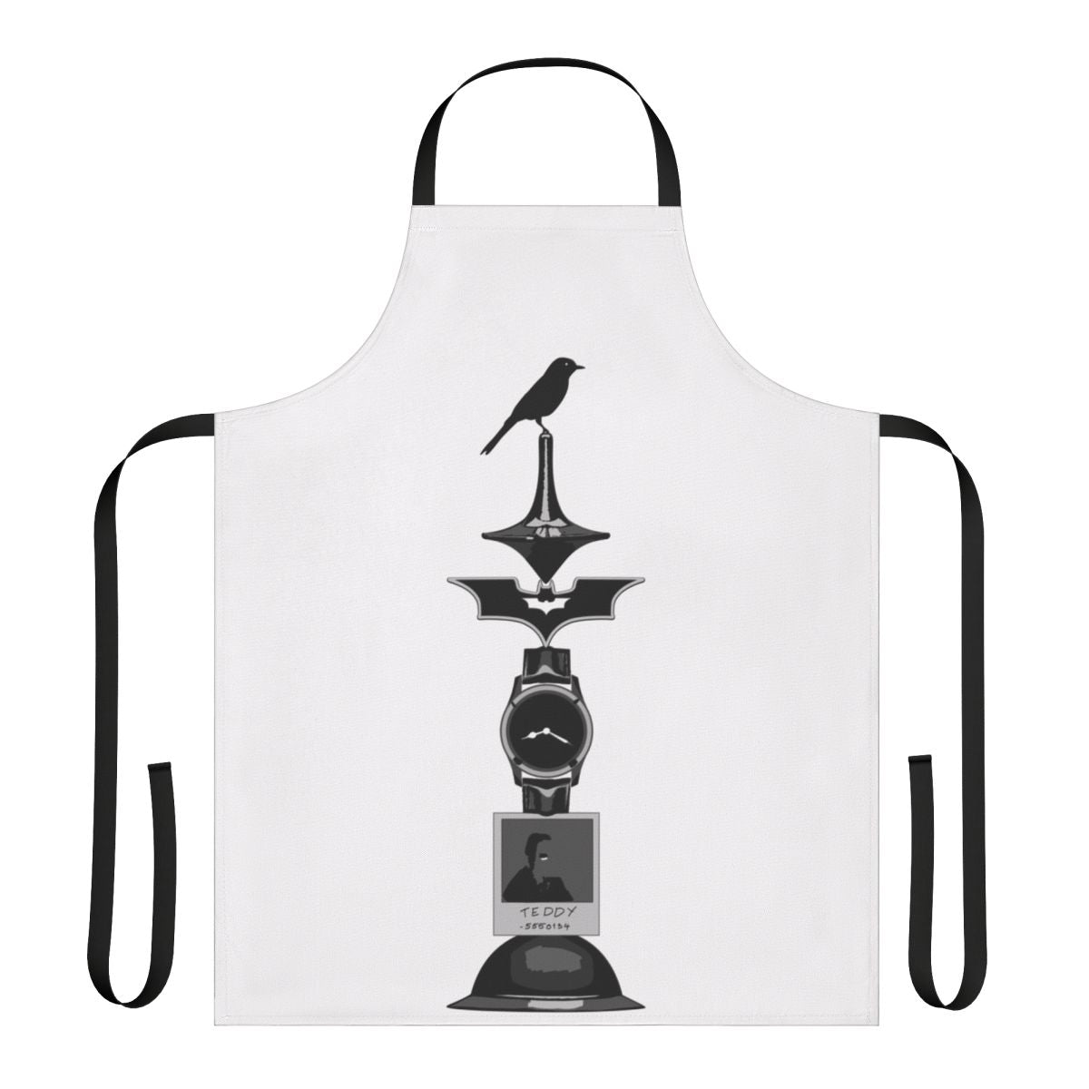 Apron featuring a black and white sketch design inspired by the films of director Christopher Nolan
