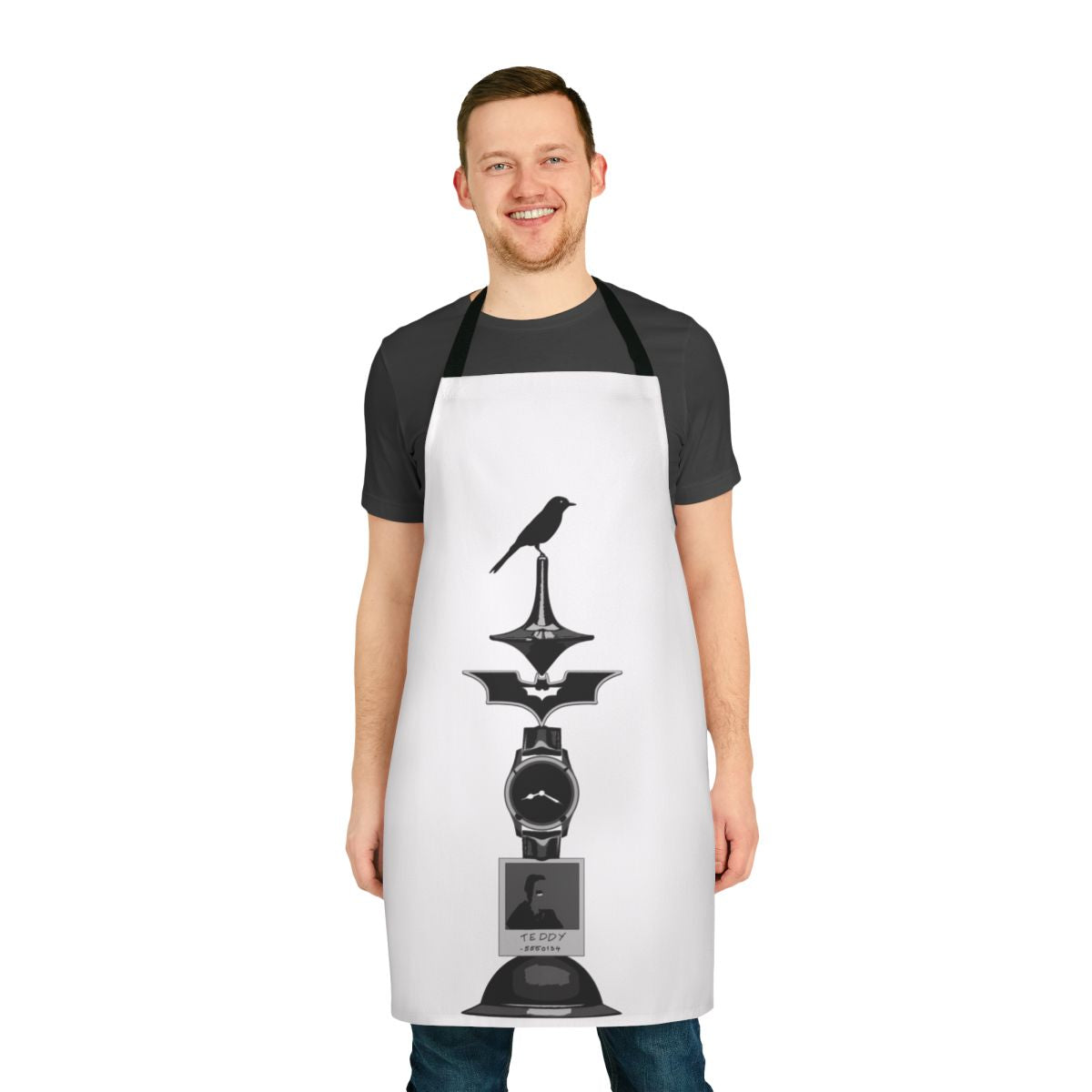 Apron featuring a black and white sketch design inspired by the films of director Christopher Nolan