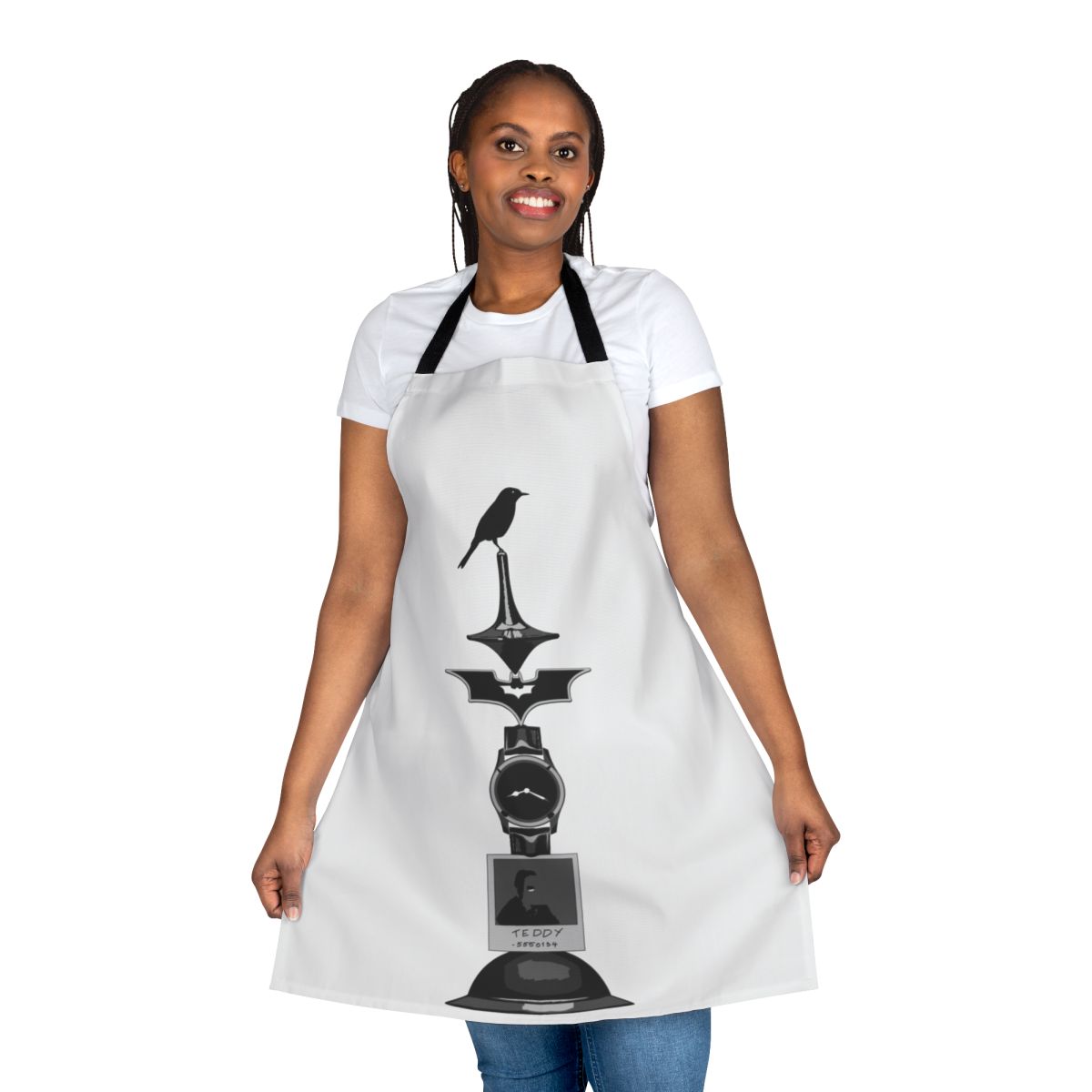 Apron featuring a black and white sketch design inspired by the films of director Christopher Nolan