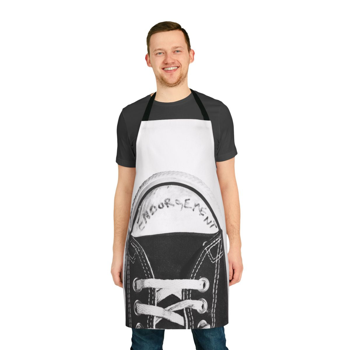 Apron featuring a tribute design inspired by Kurt Cobain's iconic Converse sneakers