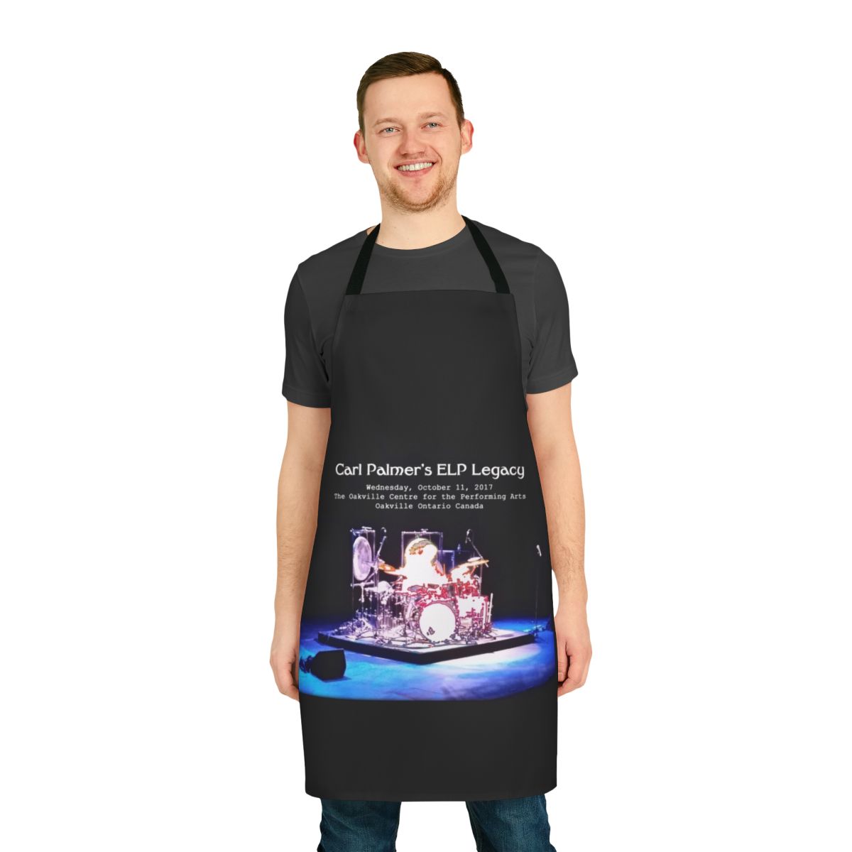 Apron featuring artwork inspired by the progressive rock band Emerson, Lake & Palmer and drummer Carl Palmer