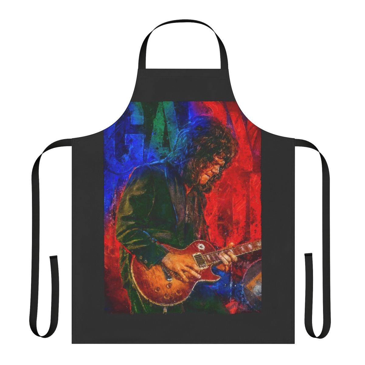 Gary Moore tribute portrait art apron featuring a painting of the legendary British rock guitarist