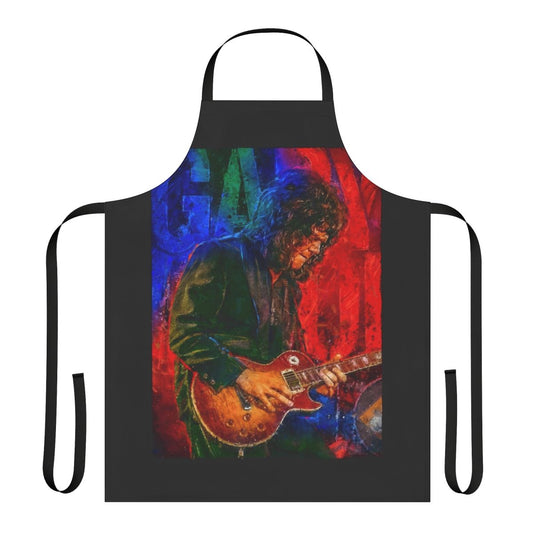 Gary Moore tribute portrait art apron featuring a painting of the legendary British rock guitarist