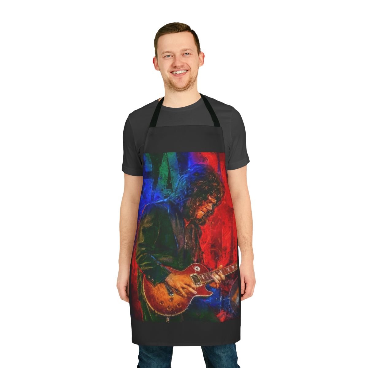 Gary Moore tribute portrait art apron featuring a painting of the legendary British rock guitarist