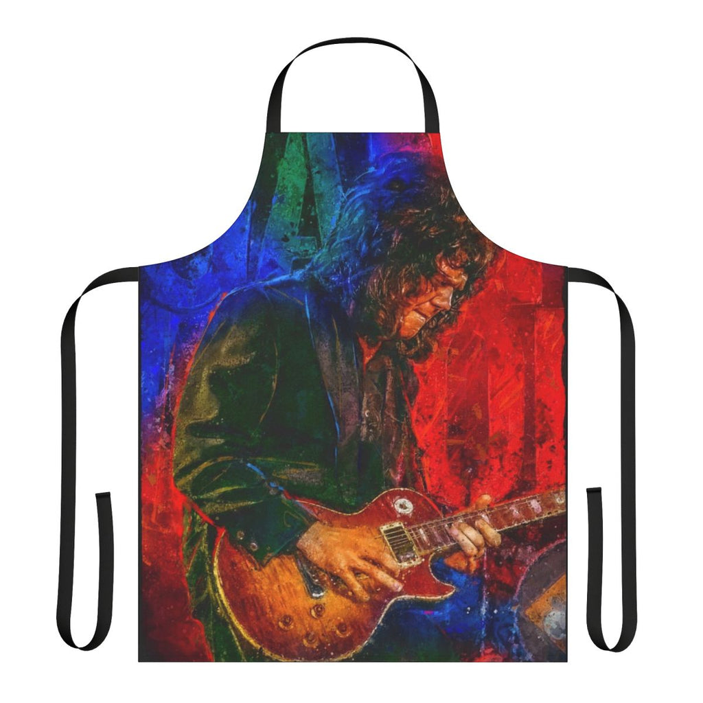 Gary Moore tribute portrait art apron featuring a detailed illustration of the legendary musician