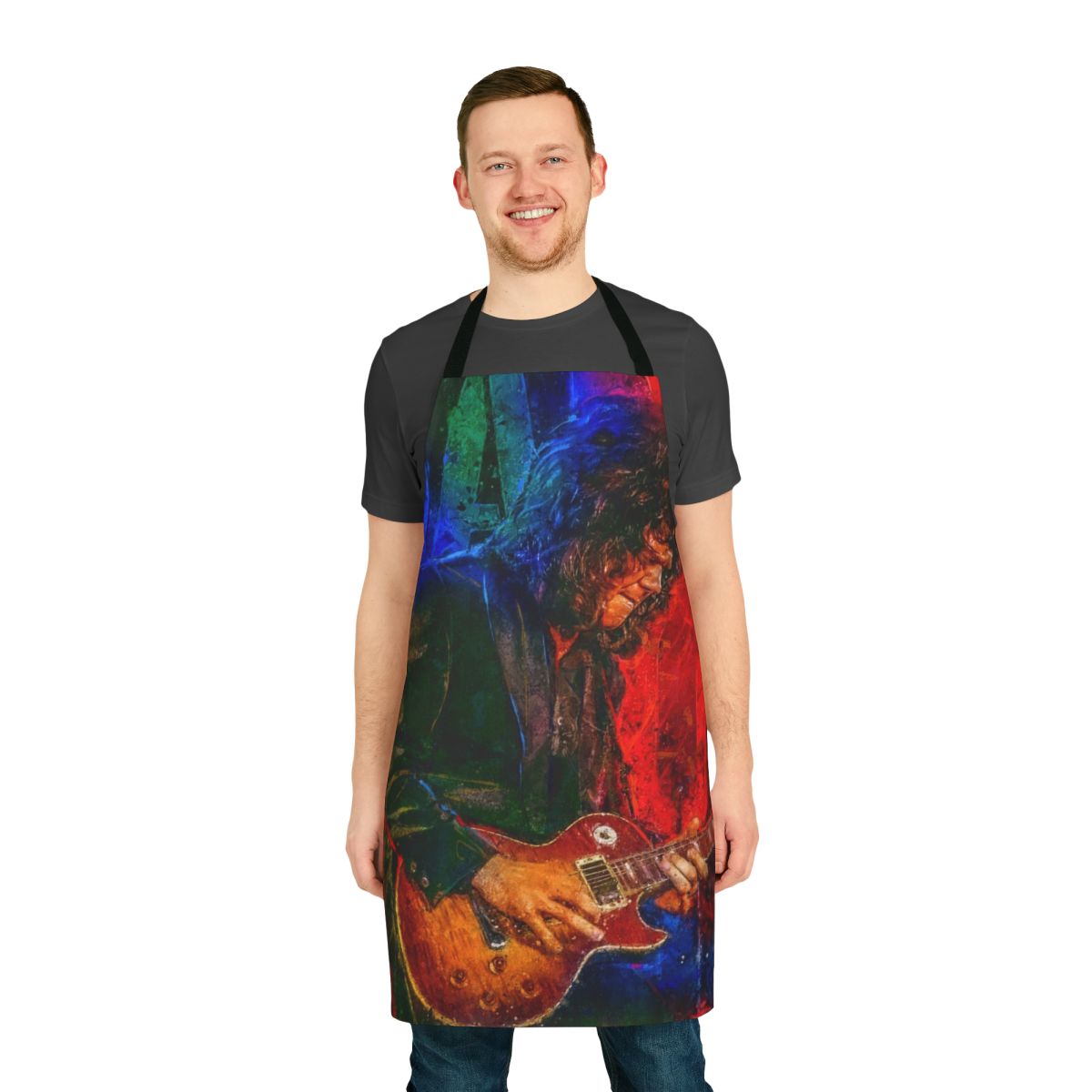 Gary Moore tribute portrait art apron featuring a detailed illustration of the legendary musician