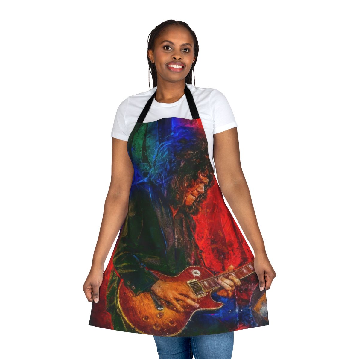 Gary Moore tribute portrait art apron featuring a detailed illustration of the legendary musician