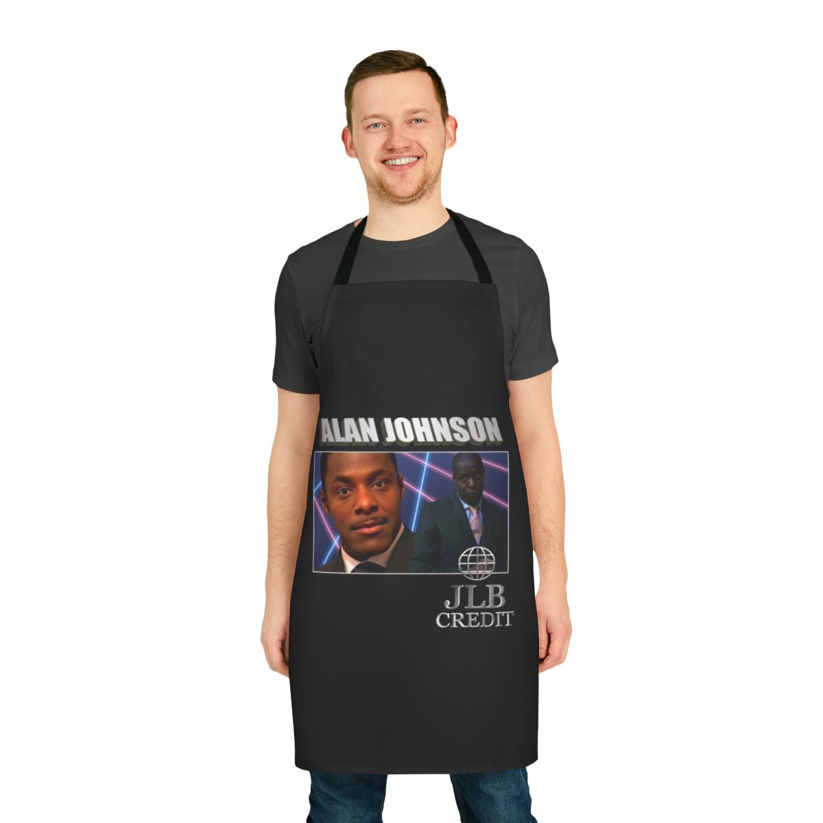 Apron featuring a tribute design to the character Alan Johnson from the popular 90s comedy TV show Peep Show.