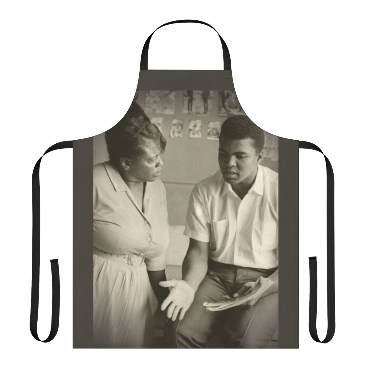 Apron featuring images and text honoring civil rights activists Fannie Lou Hamer and Muhammad Ali