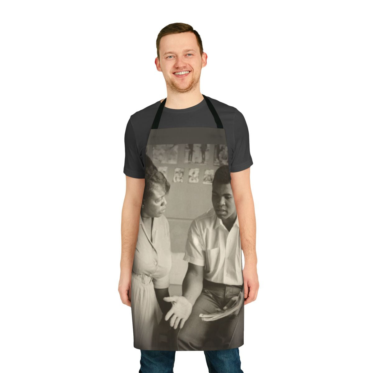 Apron featuring images and text honoring civil rights activists Fannie Lou Hamer and Muhammad Ali