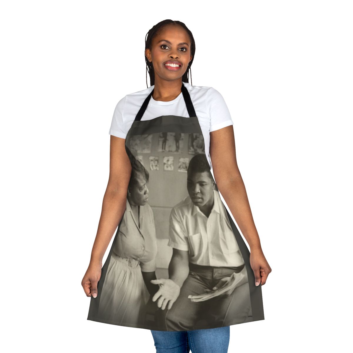 Apron featuring images and text honoring civil rights activists Fannie Lou Hamer and Muhammad Ali