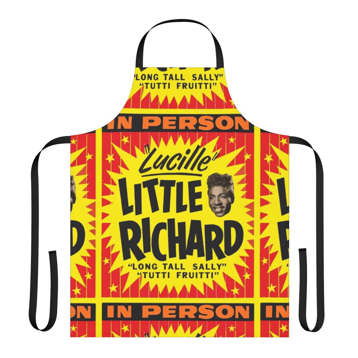 An apron with the text "Little Richard Rock N Roll Mega Legend" and iconic imagery associated with the legendary musician.