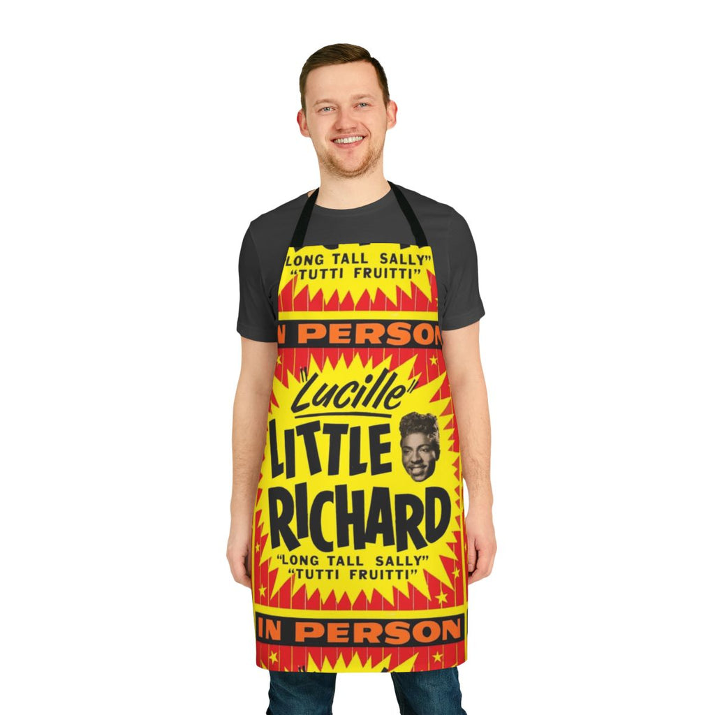 An apron with the text "Little Richard Rock N Roll Mega Legend" and iconic imagery associated with the legendary musician.