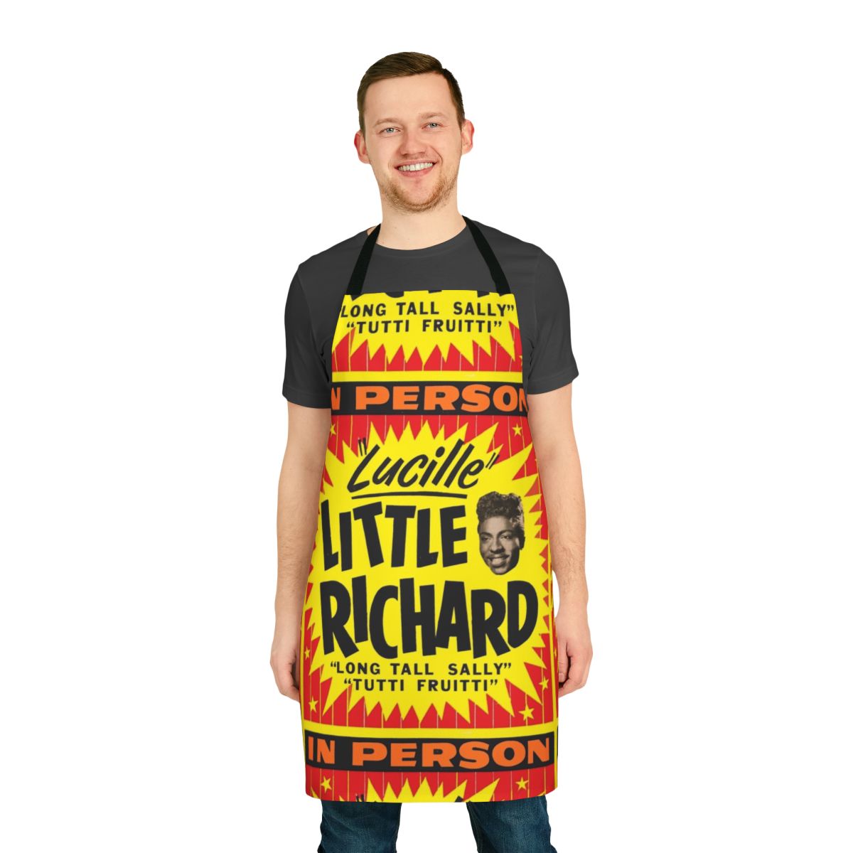 An apron with the text "Little Richard Rock N Roll Mega Legend" and iconic imagery associated with the legendary musician.