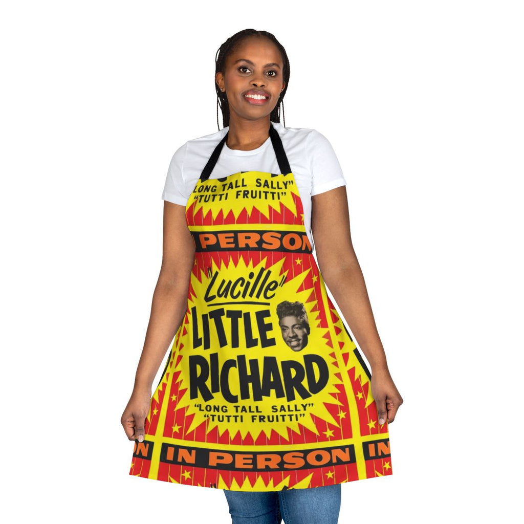 An apron with the text "Little Richard Rock N Roll Mega Legend" and iconic imagery associated with the legendary musician.