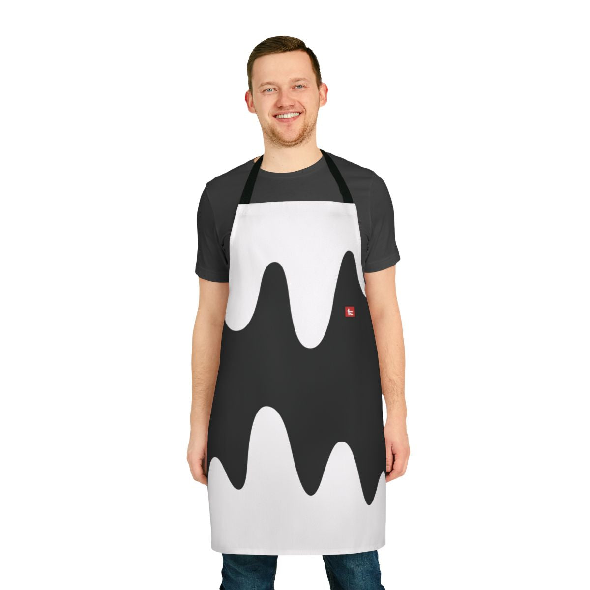 Tricolor black, red, and white apron with squid and contrast design inspired by the Splatoon video game series