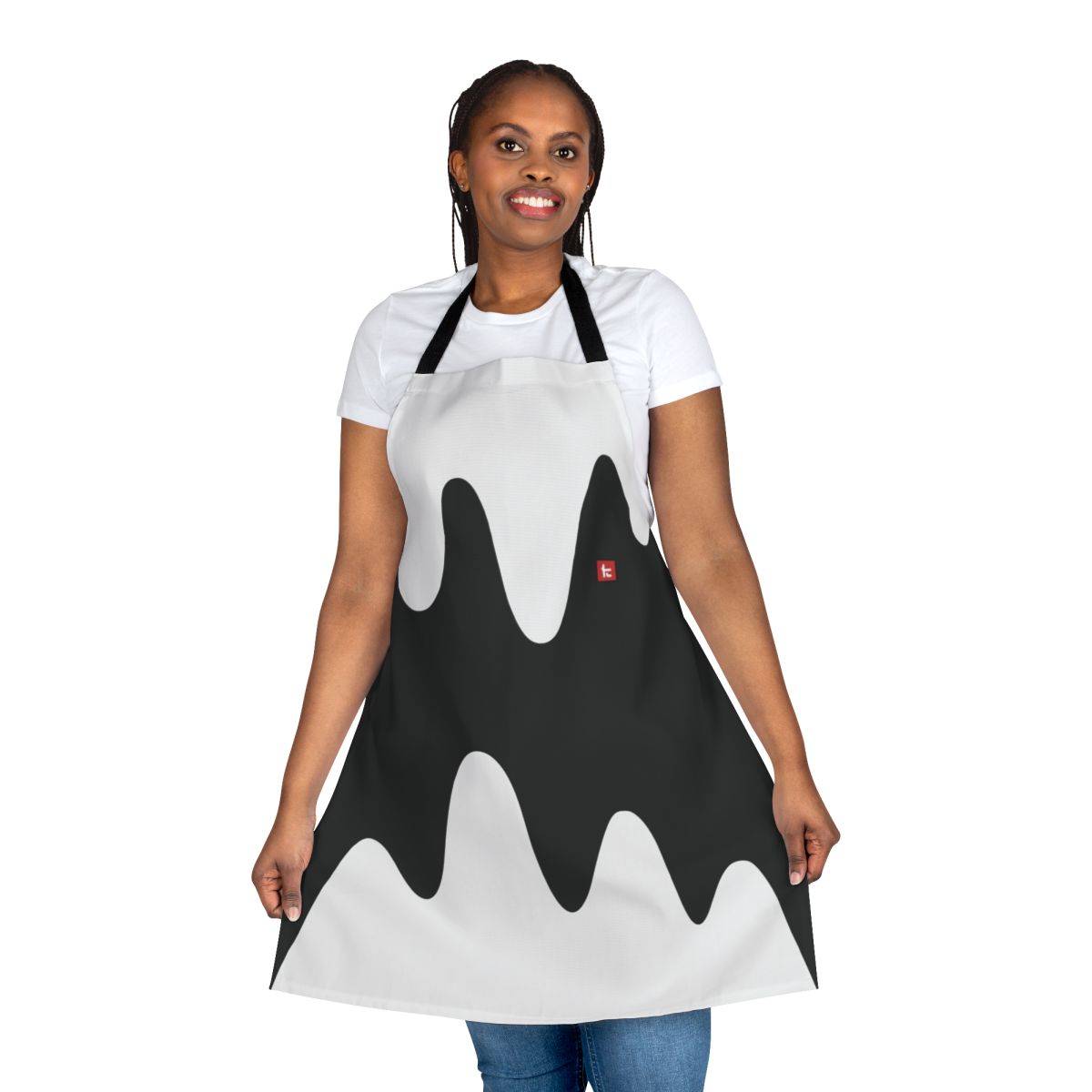 Tricolor black, red, and white apron with squid and contrast design inspired by the Splatoon video game series