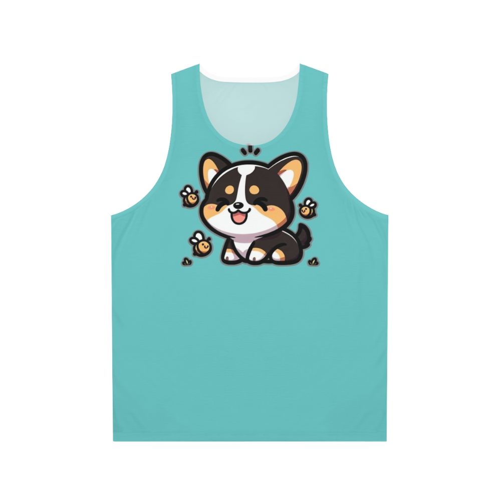 Tricolor corgi with bees on a tank top