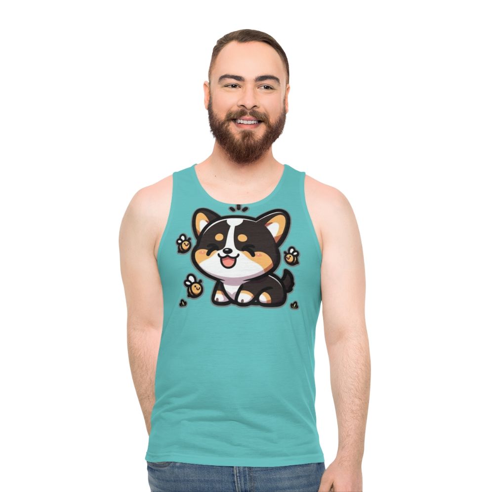 Tricolor corgi with bees on a tank top