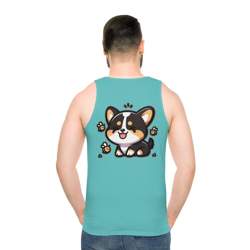 Tricolor corgi with bees on a tank top