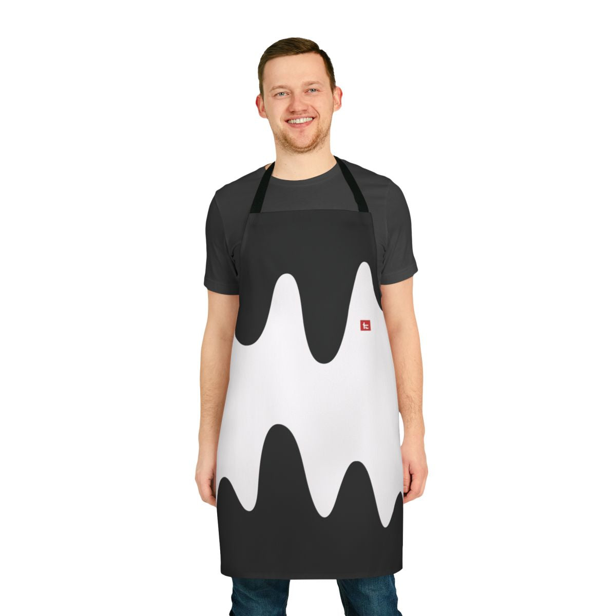 Kensa-inspired tricolor apron with black, red, and white design featuring Splatoon 2 elements
