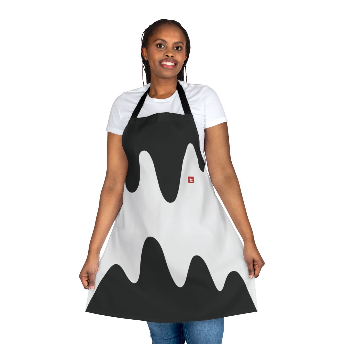 Kensa-inspired tricolor apron with black, red, and white design featuring Splatoon 2 elements