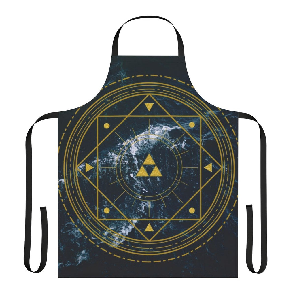 Triforce-patterned geometric kitchen apron in blue, yellow, and gold tones