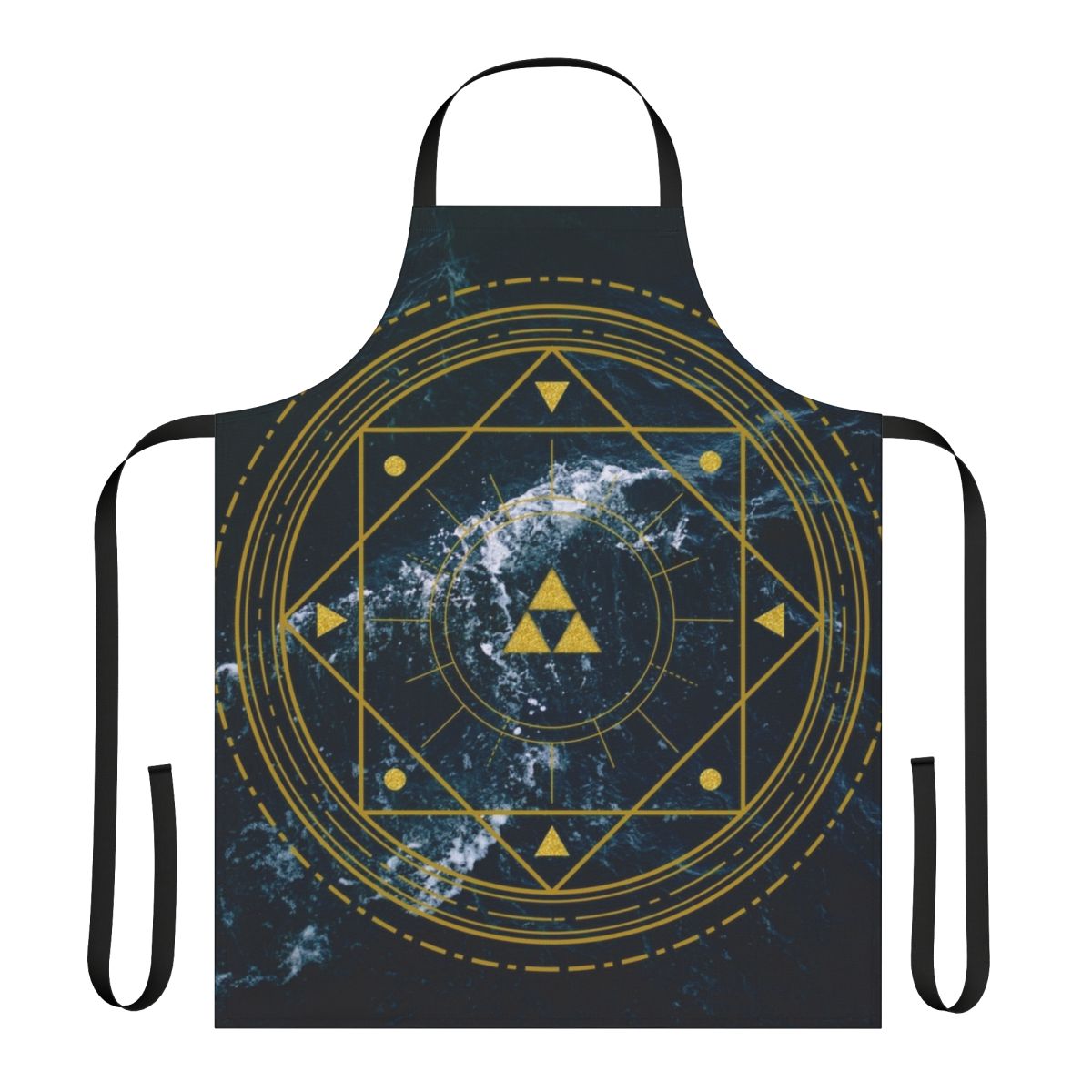 Triforce-patterned geometric kitchen apron in blue, yellow, and gold tones