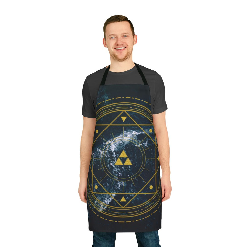 Triforce-patterned geometric kitchen apron in blue, yellow, and gold tones