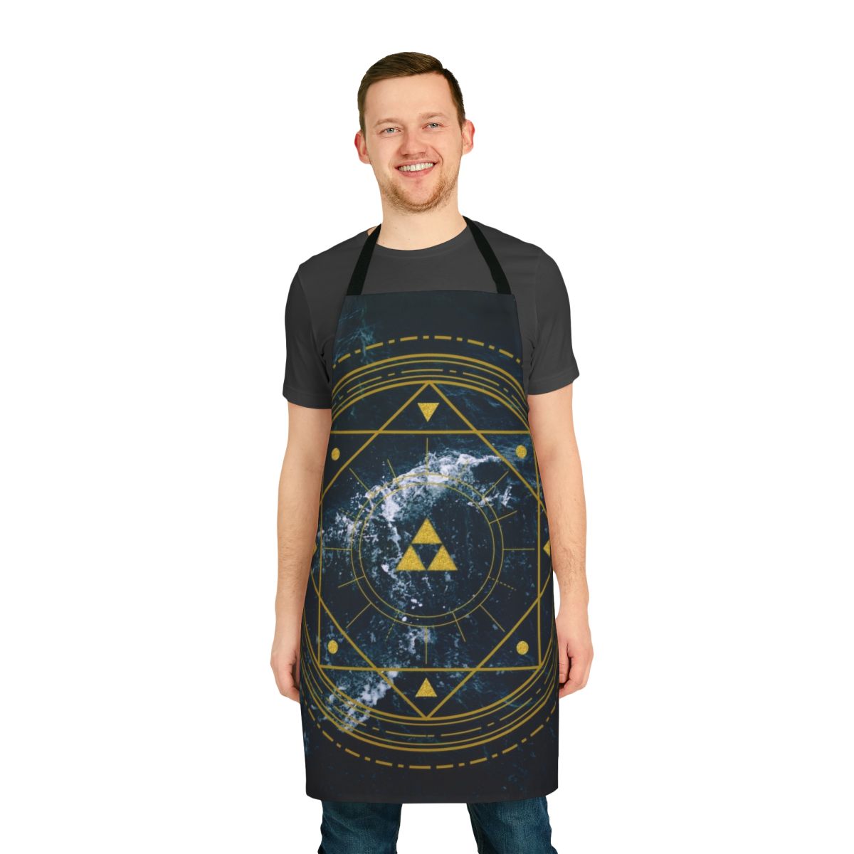 Triforce-patterned geometric kitchen apron in blue, yellow, and gold tones