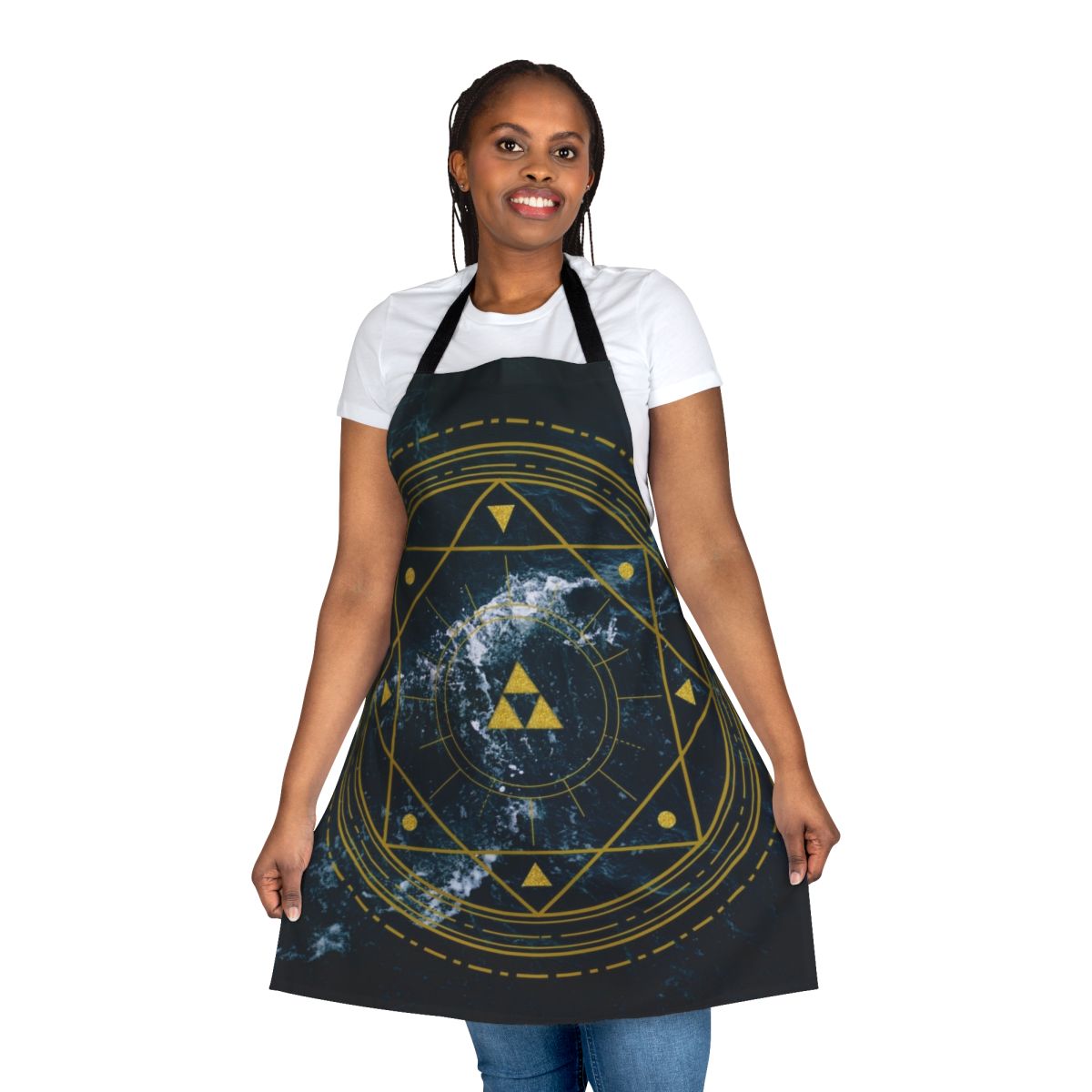 Triforce-patterned geometric kitchen apron in blue, yellow, and gold tones