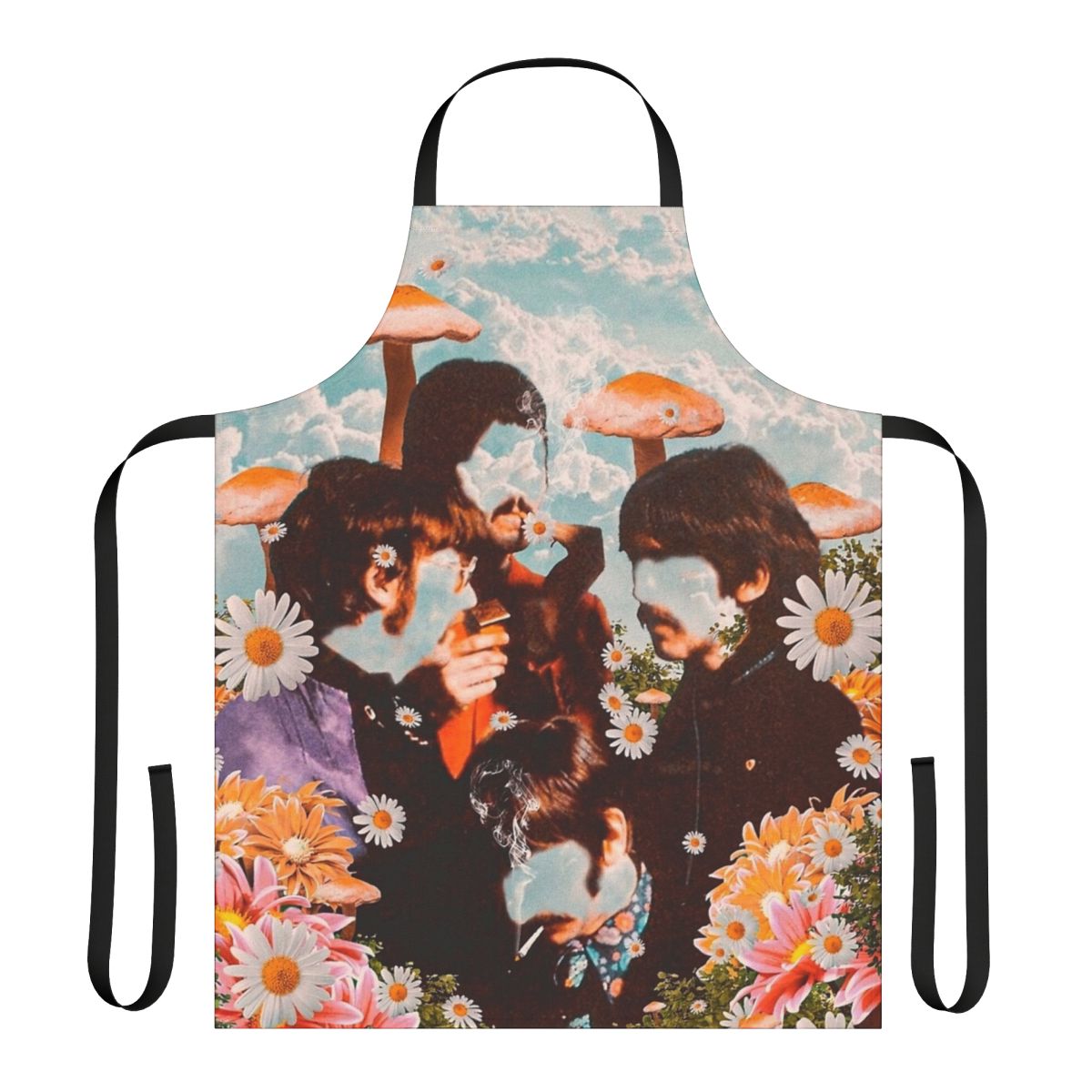 Visually striking apron featuring a surreal, psychedelic design of mushrooms, flowers, and clouds.