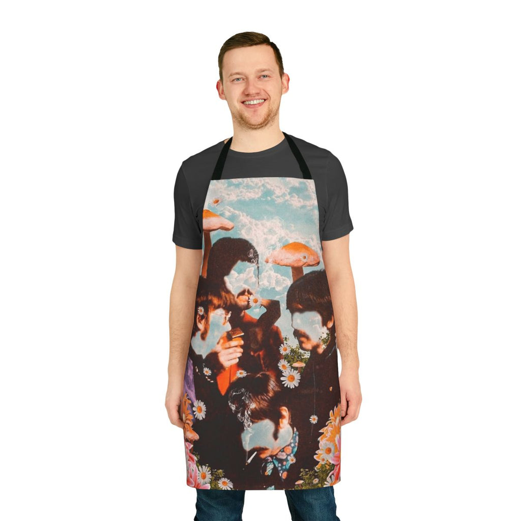 Visually striking apron featuring a surreal, psychedelic design of mushrooms, flowers, and clouds.