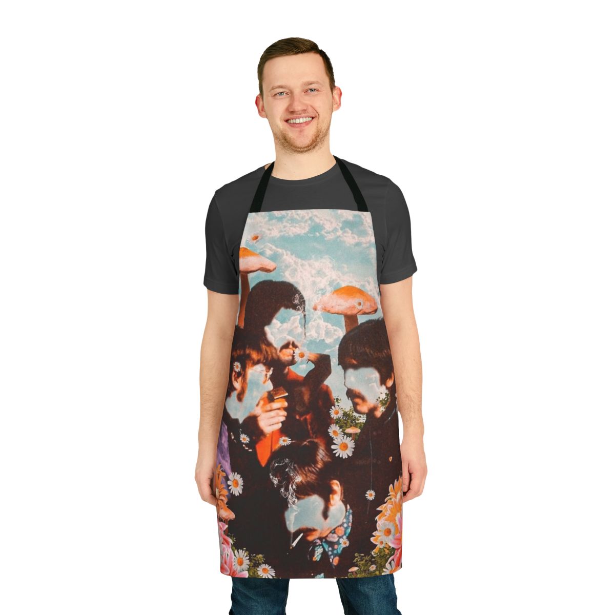 Visually striking apron featuring a surreal, psychedelic design of mushrooms, flowers, and clouds.