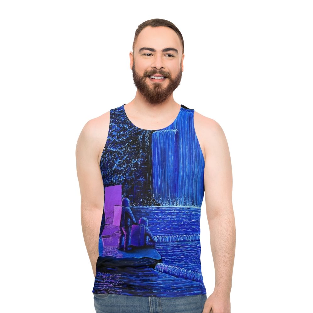 Trippy night waterfall astronaut unisex tank top