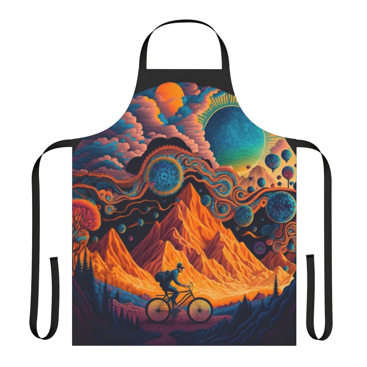 Psychedelic art apron with a vibrant, trippy bicycle-inspired design