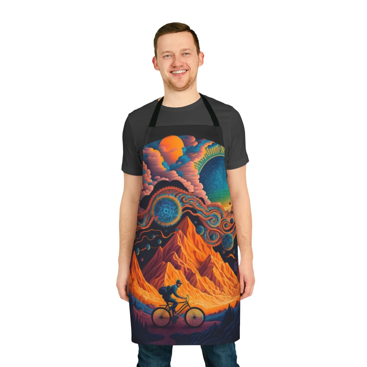 Psychedelic art apron with a vibrant, trippy bicycle-inspired design