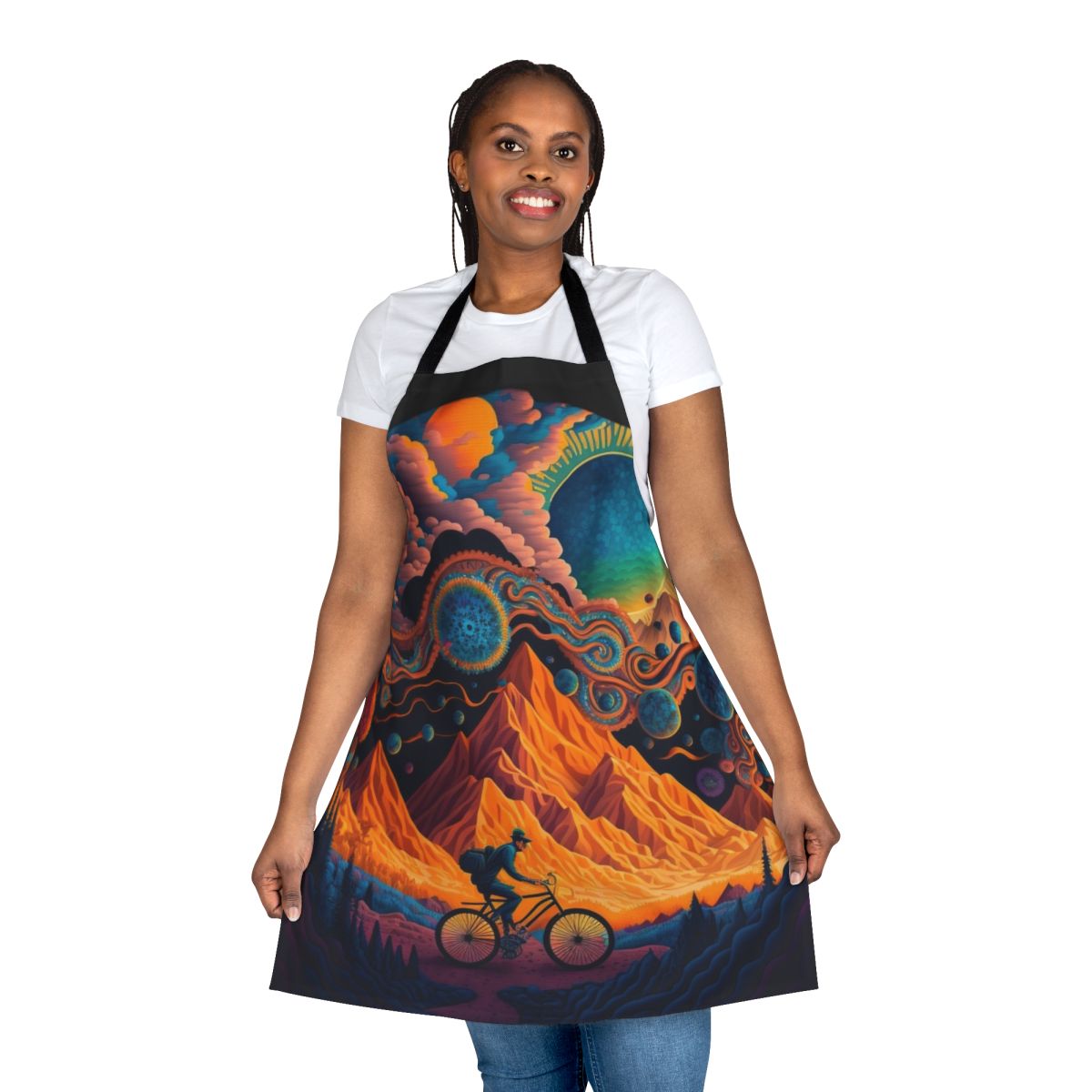 Psychedelic art apron with a vibrant, trippy bicycle-inspired design