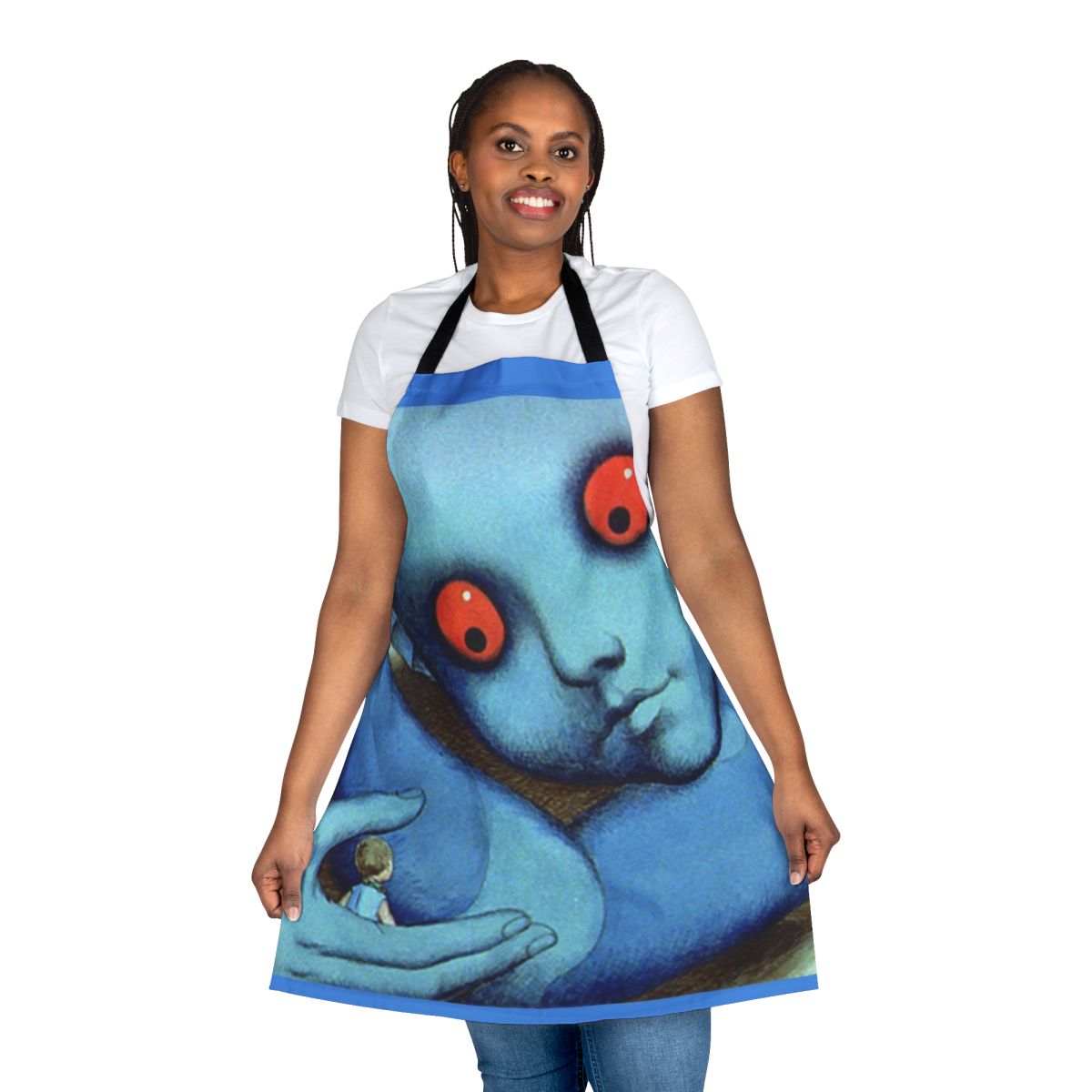 Colorful psychedelic cartoon design on a high-quality apron