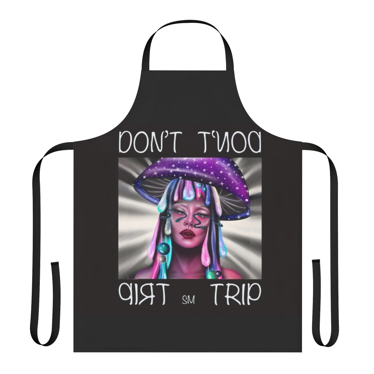 A vibrant, tie-dye apron featuring a trippy, psychedelic mushroom design for the ultimate in groovy, retro style.