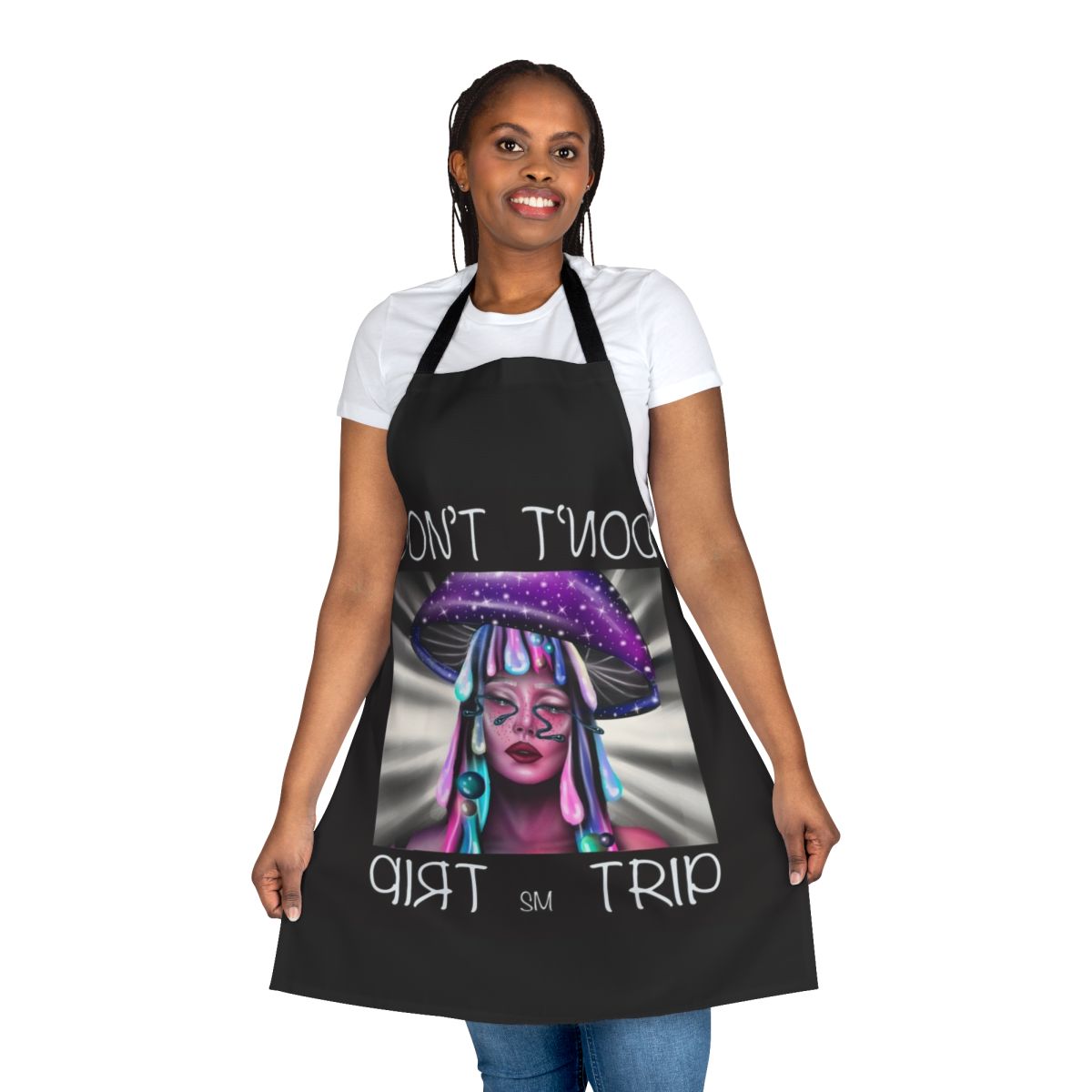 A vibrant, tie-dye apron featuring a trippy, psychedelic mushroom design for the ultimate in groovy, retro style.