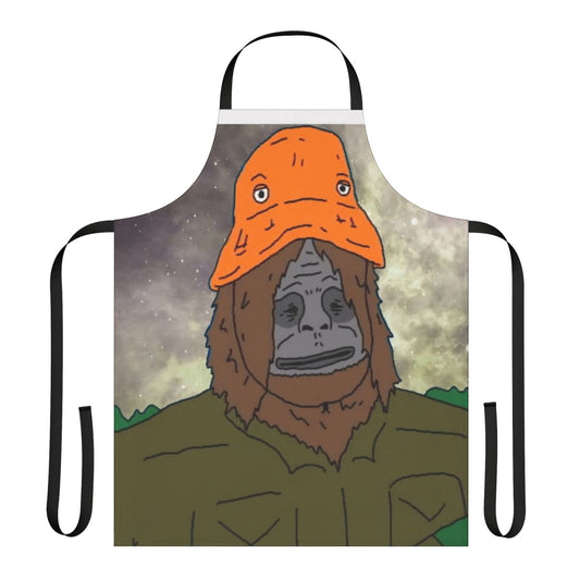 Image of a high-quality cotton apron featuring a psychedelic, trippy sasquatch design inspired by the popular Australian cartoon series "The Big Lez Show".